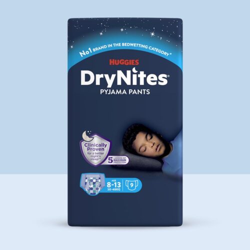 Huggies DryNites pro chlapce – natahovací kalhotky na noc, 8–13 let, 30–48 kg, 10 ks