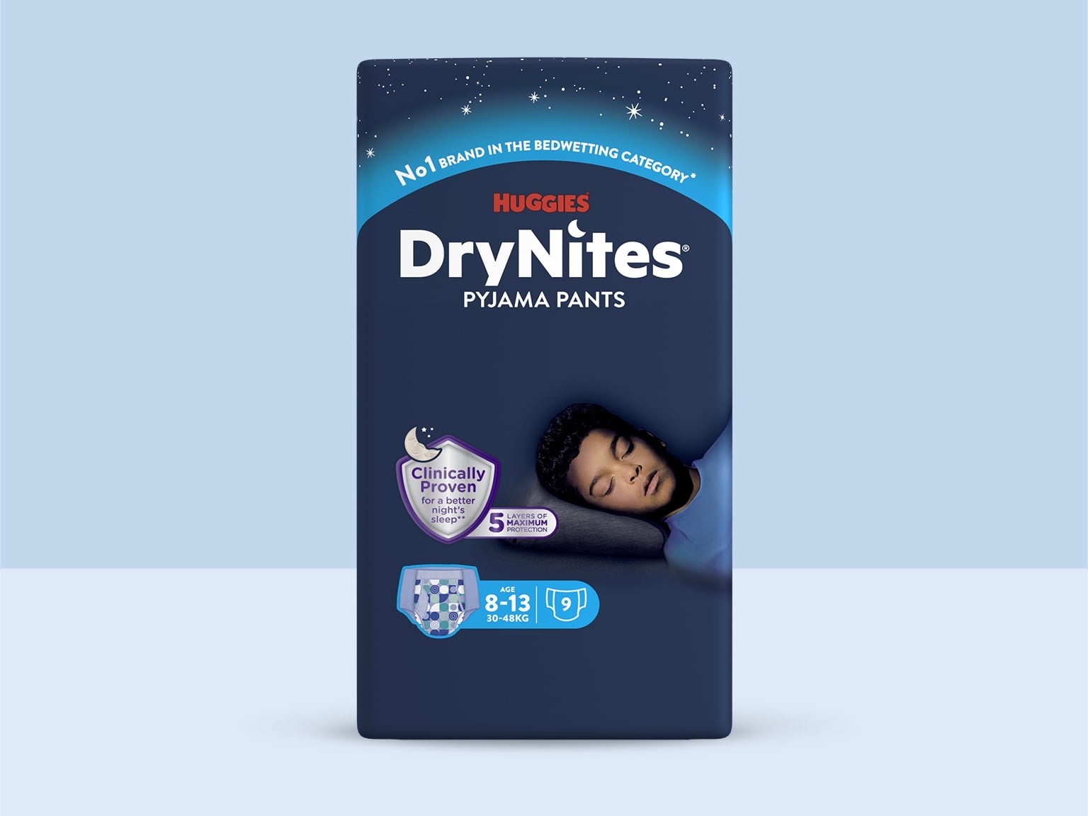 Huggies DryNites pro chlapce – natahovací kalhotky na noc, 8–13 let, 30–48 kg, 10 ks
