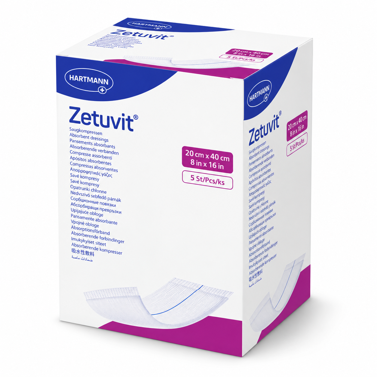 Zetuvit Sterile HARTMANN – sterilní savé kompresy na rány, 20 × 40 cm, 5 ks