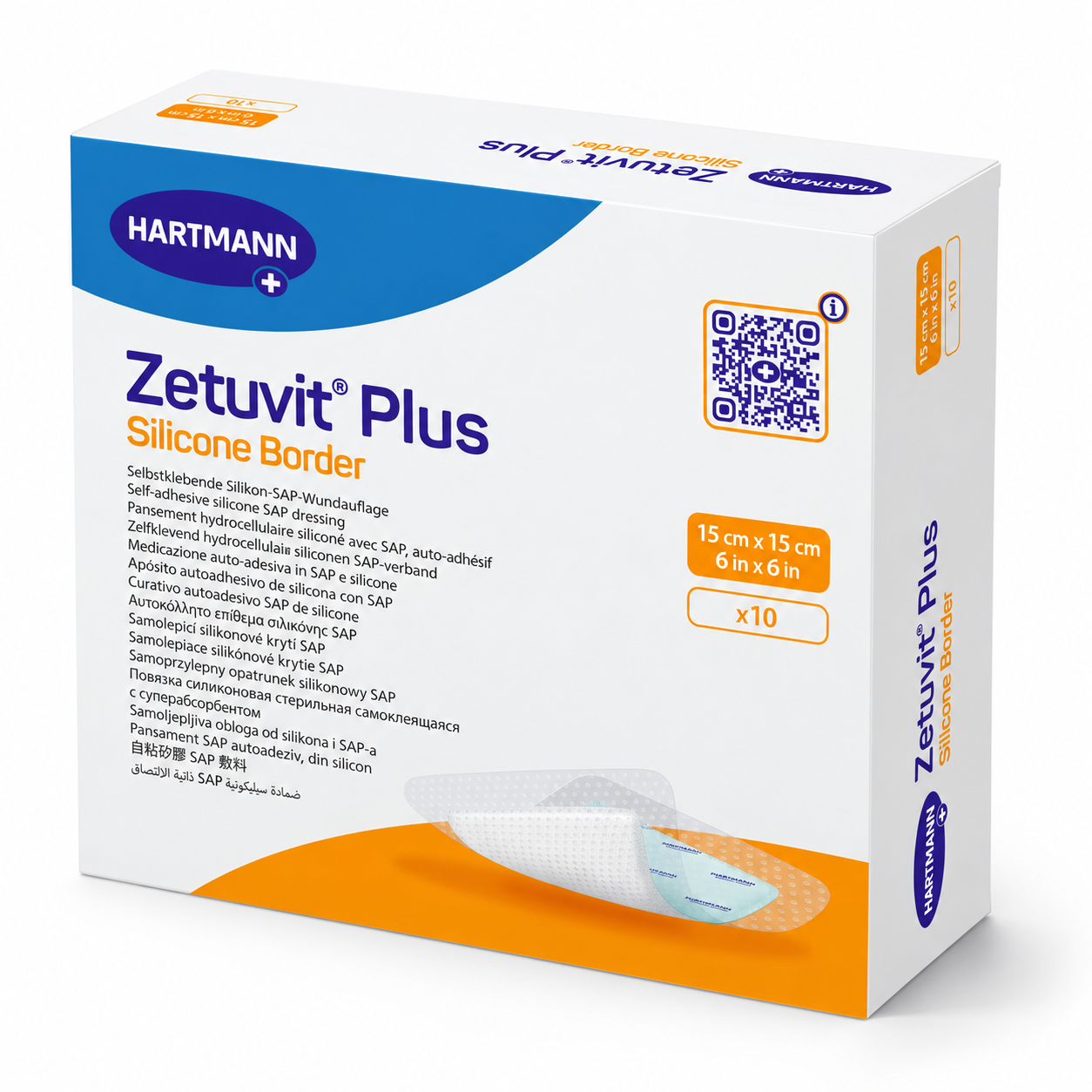 Zetuvit Plus Silicone Border HARTMANN – superabsorpční krytí na rány se silikonovým okrajem, 15 × 15 cm, 10 ks