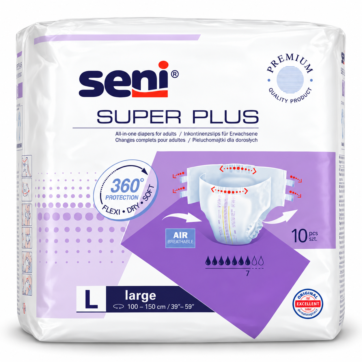 Seni Super Plus L – inkontinenční plenkové kalhotky s lepicími pásky, 7 kapek, 10 ks