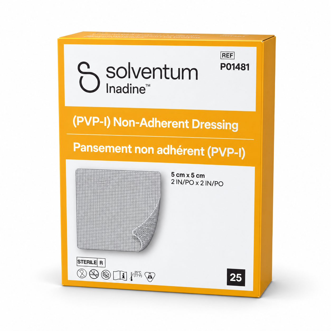 Inadine Solventum – sterilní nepřilnavé krytí s povidon-jodem, 5 × 5 cm, 25 ks