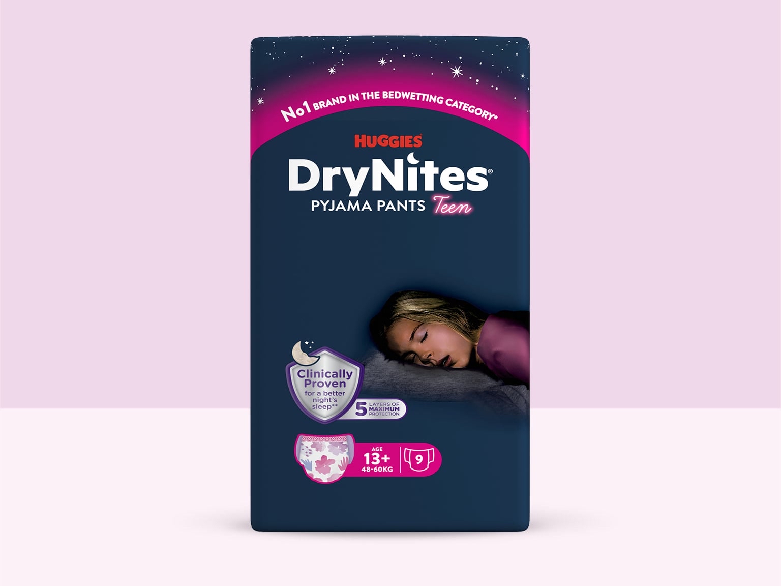 Huggies DryNites pro dívky – natahovací kalhotky na noc, 13+ let, 48-60 kg, 10 ks