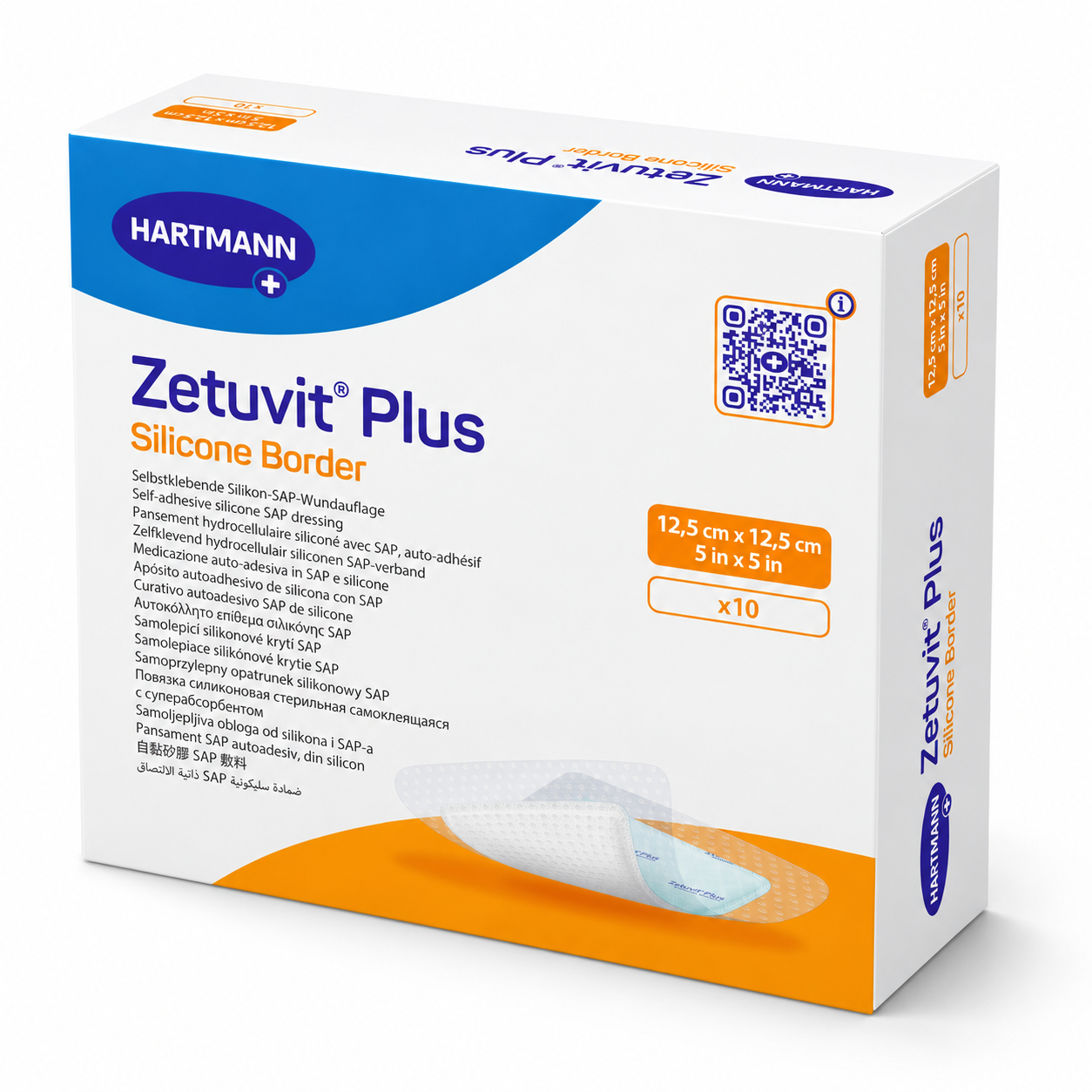 Zetuvit Plus Silicone Border HARTMANN – superabsorpční krytí na rány se silikonovým okrajem, 12,5 × 12,5 cm, 10 ks