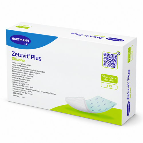 Zetuvit Plus Silicone HARTMANN – superabsorpční krytí na rány se silikonovou kontaktní vrstvou, 10 × 20 cm, 10 ks