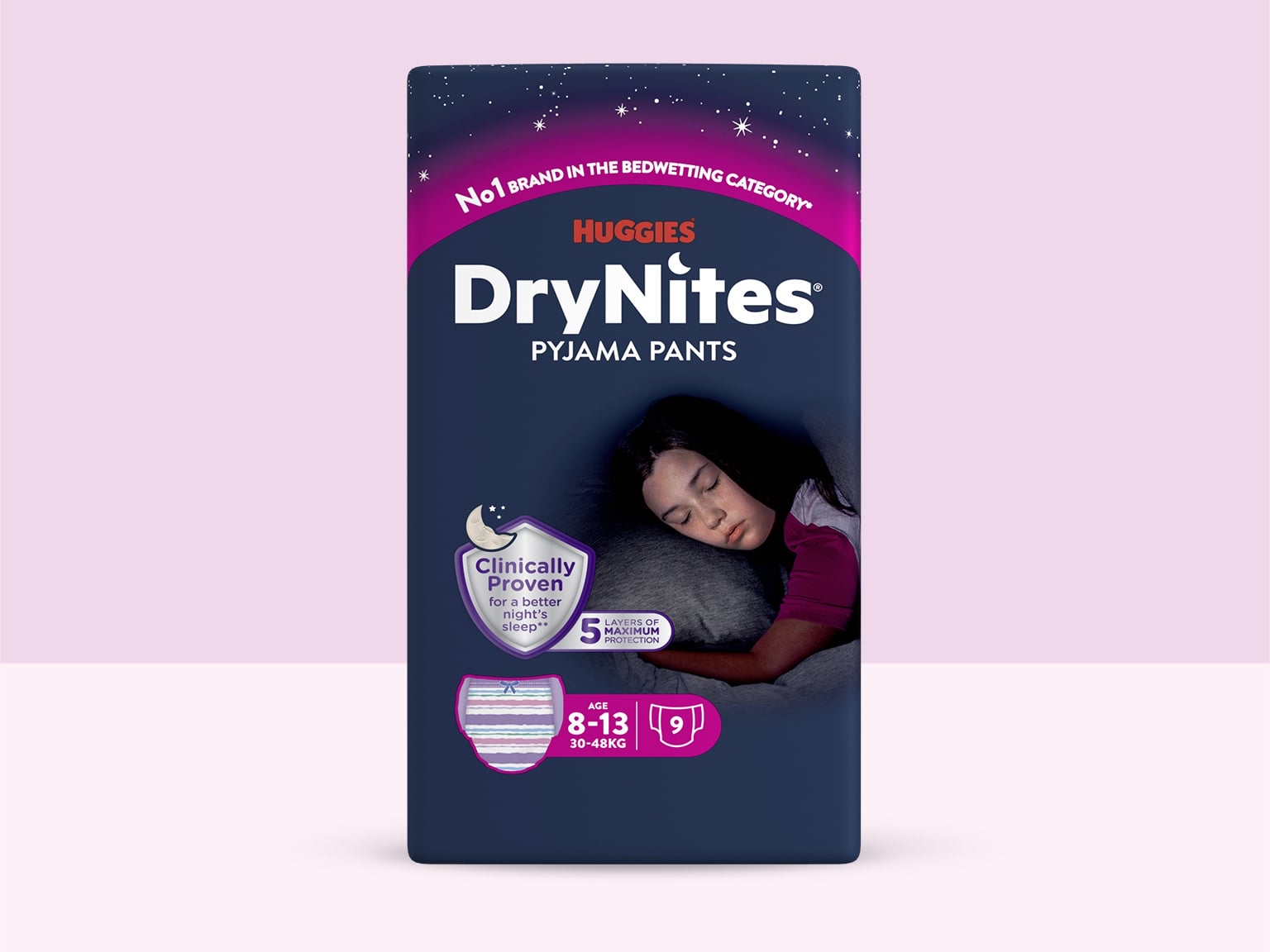 Huggies DryNites pro dívky – natahovací kalhotky na noc, 8–13 let, 30-48 kg, 10 ks