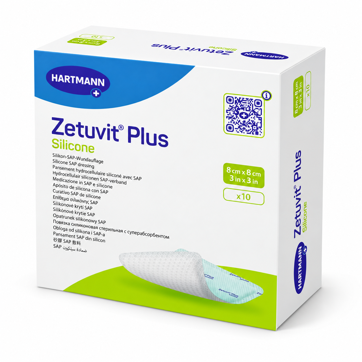 Zetuvit Plus Silicone HARTMANN – superabsorpční krytí na rány se silikonovou kontaktní vrstvou, 8 × 8 cm, 10 ks