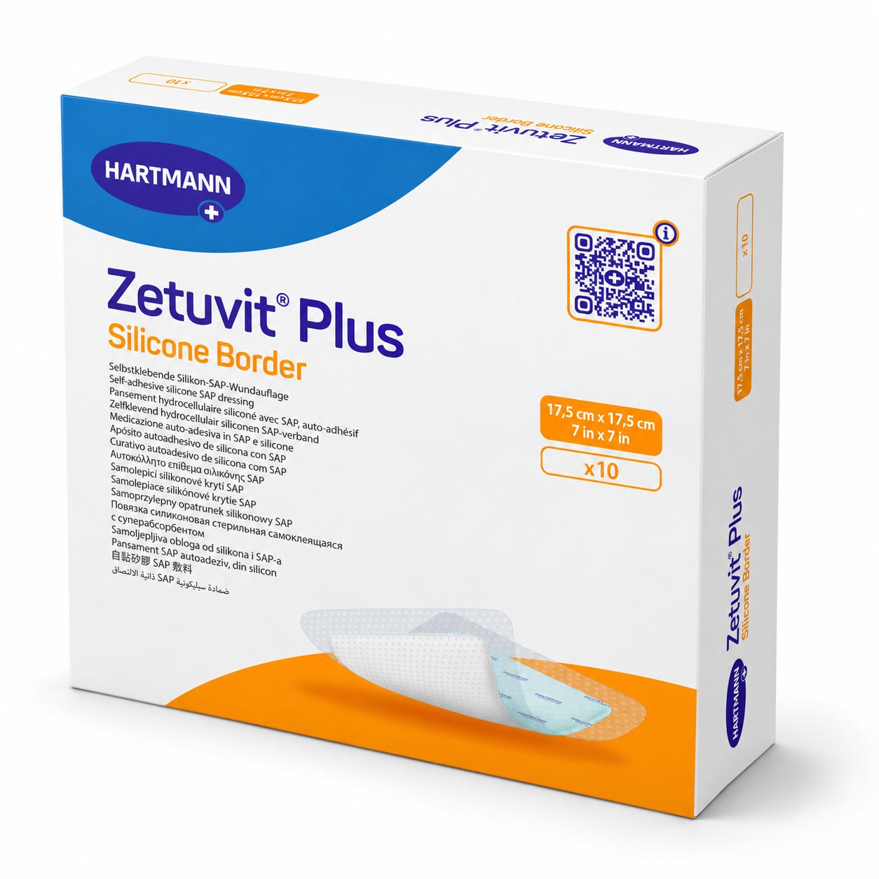 Zetuvit Plus Silicone Border HARTMANN – superabsorpční krytí na rány se silikonovým okrajem, 17,5 × 17,5 cm, 10 ks