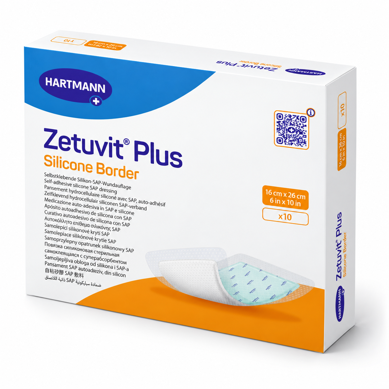 Zetuvit Plus Silicone Border HARTMANN – superabsorpční krytí na rány se silikonovým okrajem, 16 × 26 cm, 10 ks