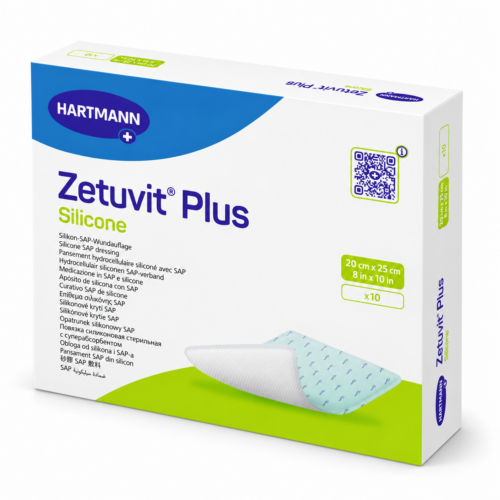Zetuvit Plus Silicone HARTMANN – superabsorpční krytí na rány se silikonovou kontaktní vrstvou, 20 × 25 cm, 10 ks