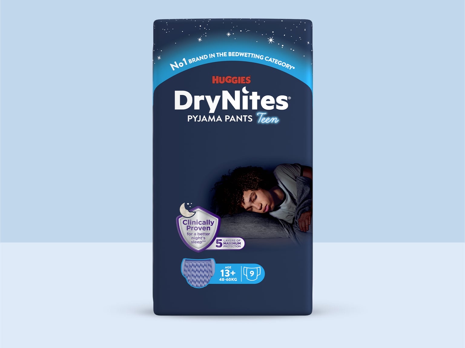 Huggies DryNites pro chlapce – natahovací kalhotky na noc, 13+ let, 48-60 kg, 10 ks