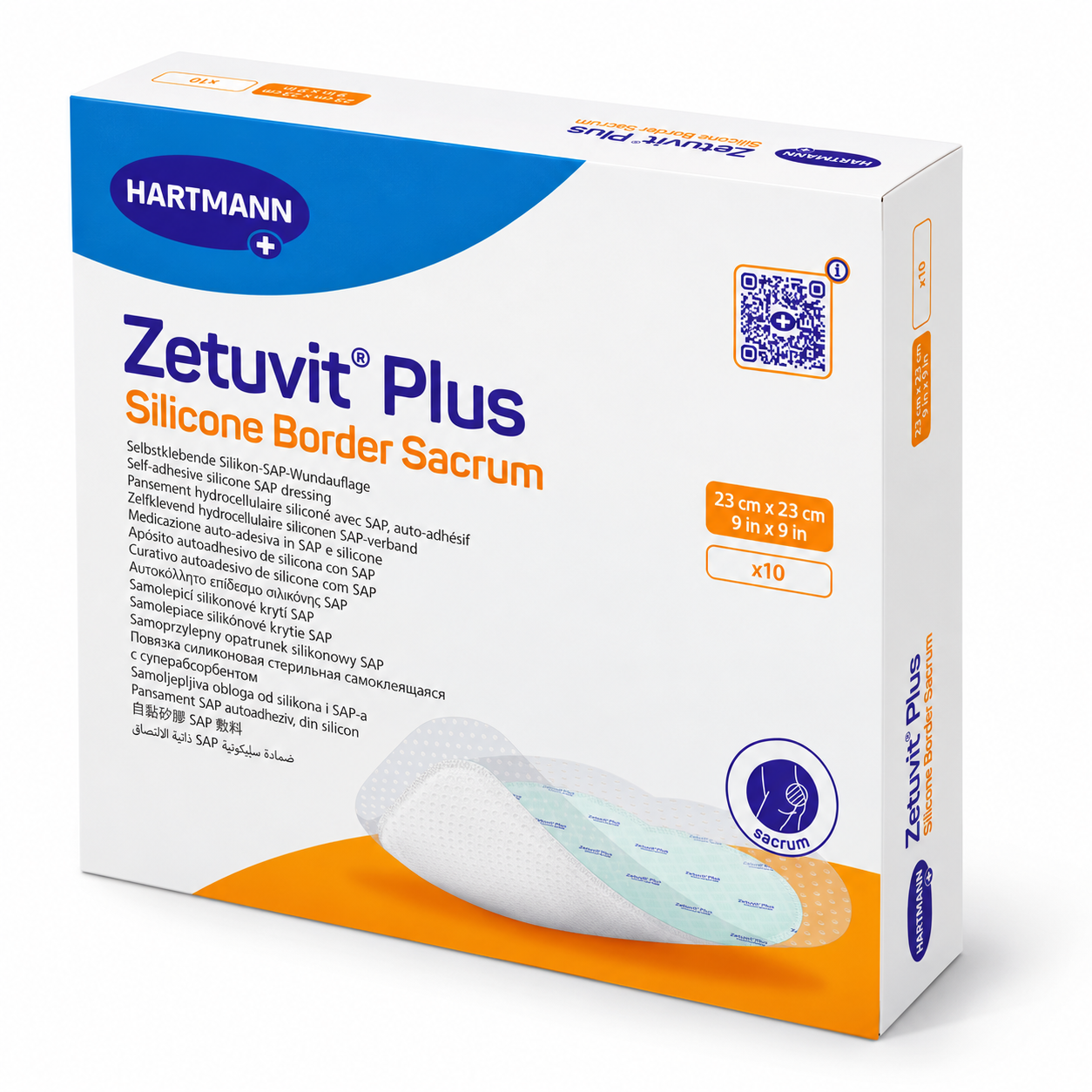 Zetuvit Plus Silicone Border Sacrum HARTMANN – superabsorpční krytí na křížovou oblast se silikonovým okrajem, 23 × 23 cm, 10 ks