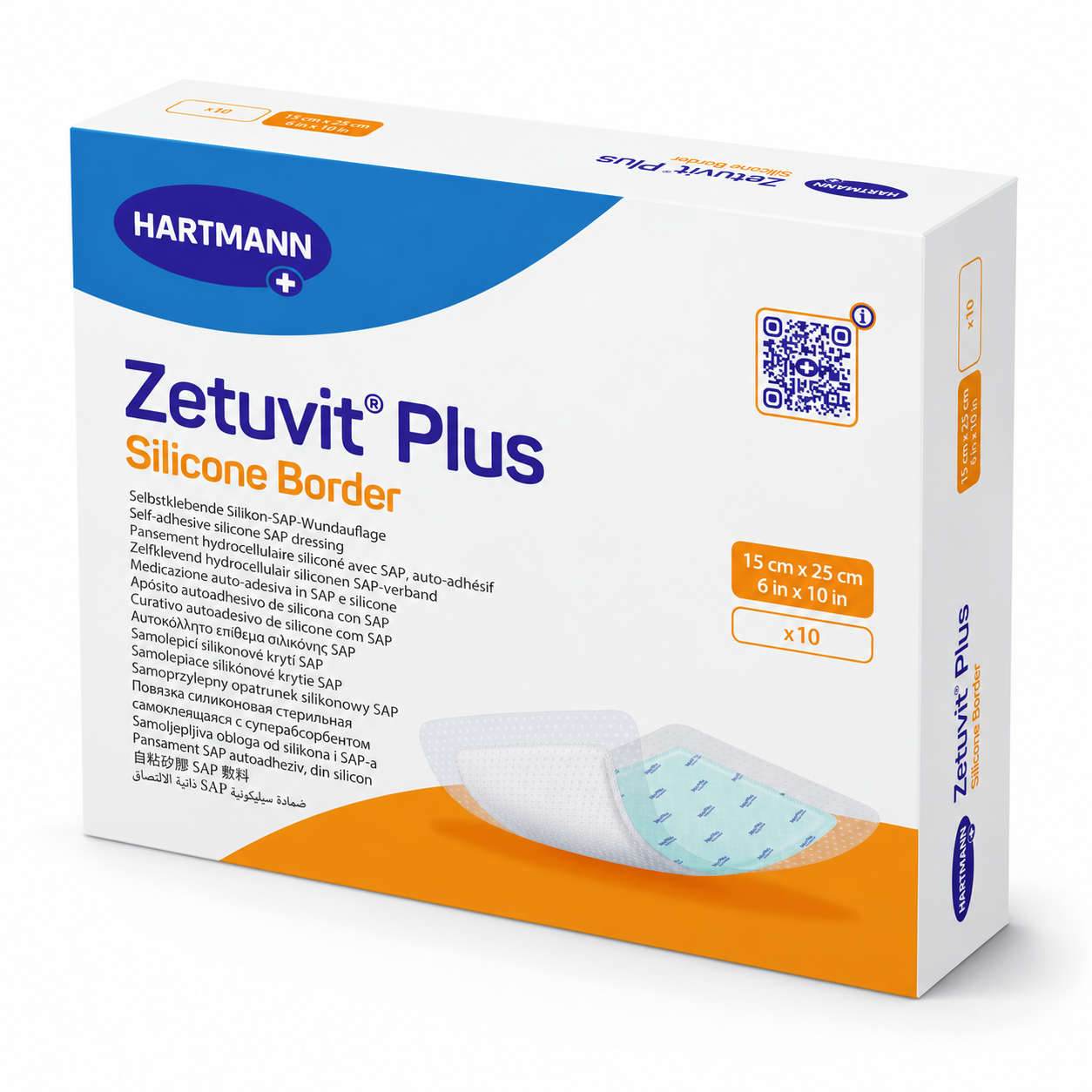 Zetuvit Plus Silicone Border HARTMANN – superabsorpční krytí na rány se silikonovým okrajem, 15 × 25 cm, 10 ks