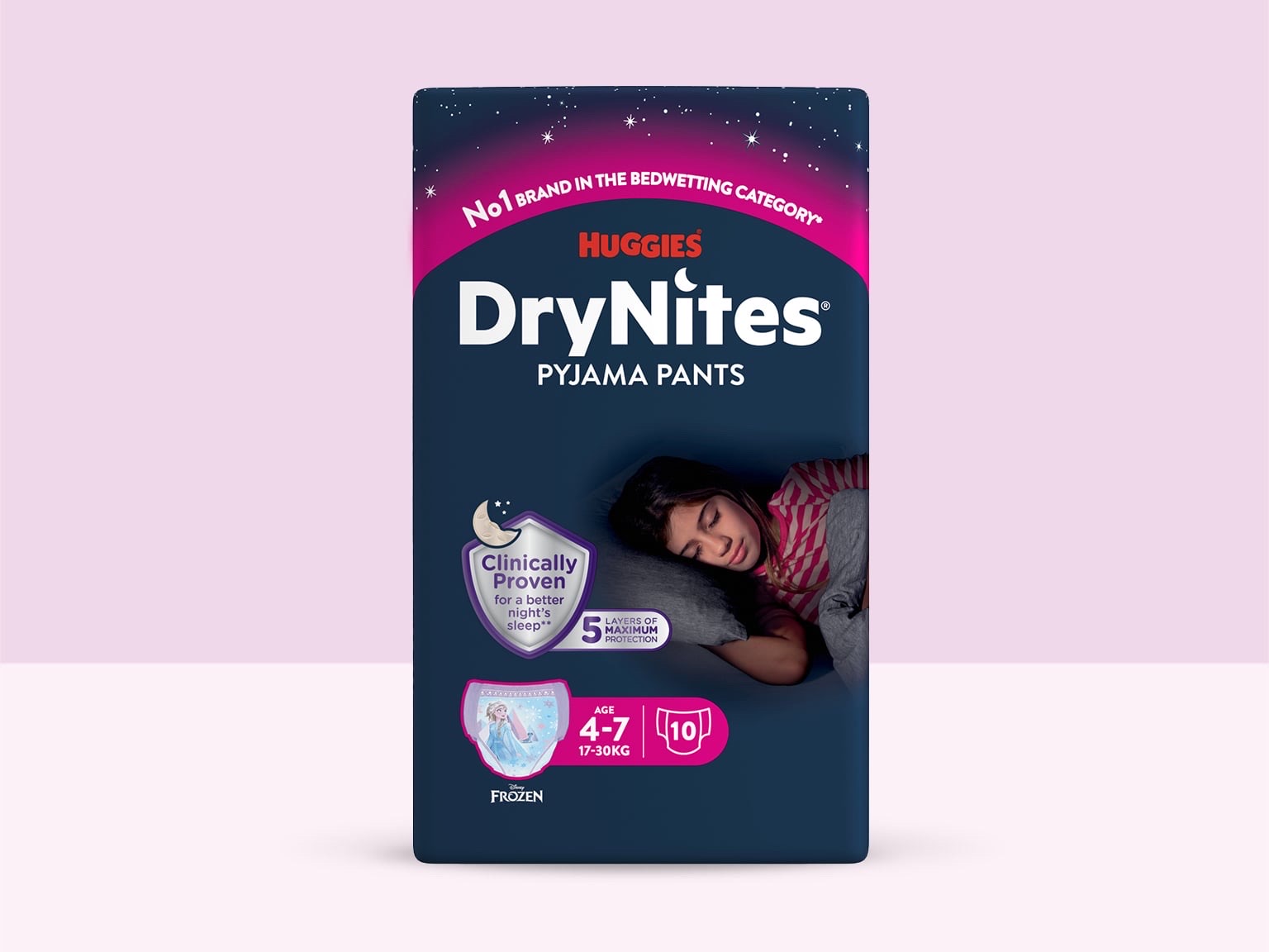 Huggies DryNites pro dívky – natahovací kalhotky na noc, 4–7 let, 17–30 kg, 10 ks
