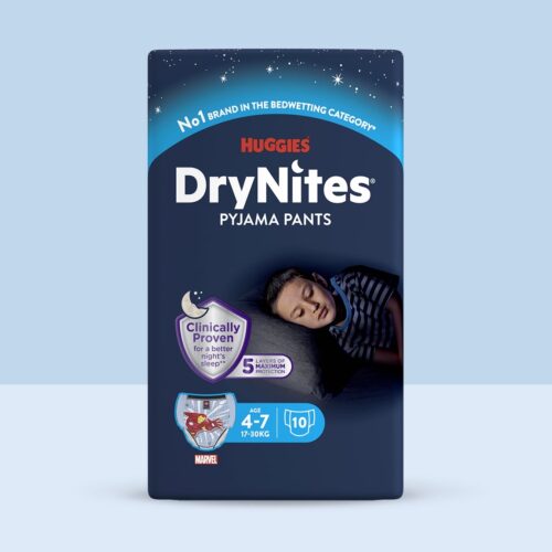 Huggies DryNites pro chlapce – natahovací kalhotky na noc, 4–7 let, 17–30 kg, 10 ks