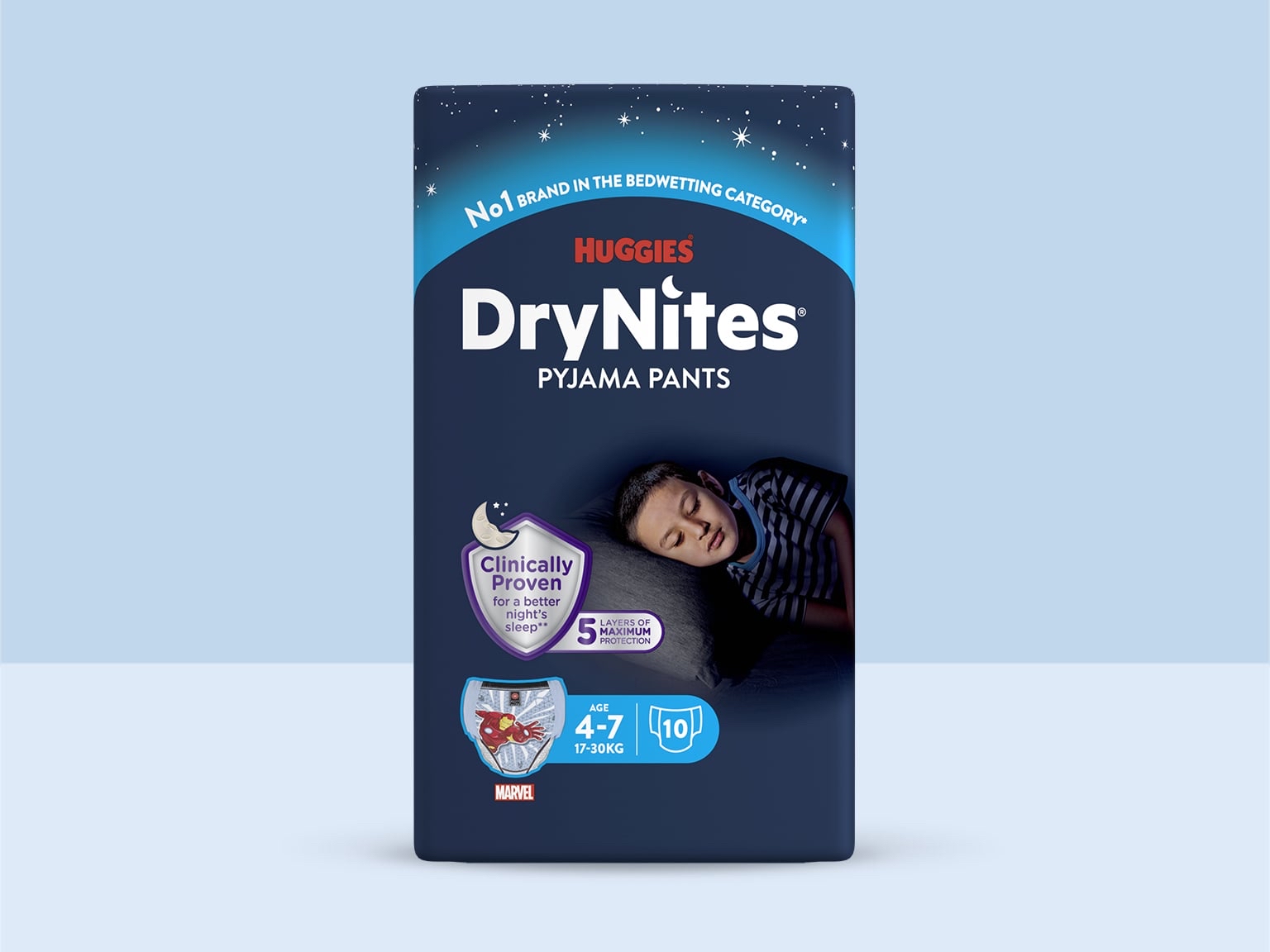 Huggies DryNites pro chlapce – natahovací kalhotky na noc, 4–7 let, 17–30 kg, 10 ks