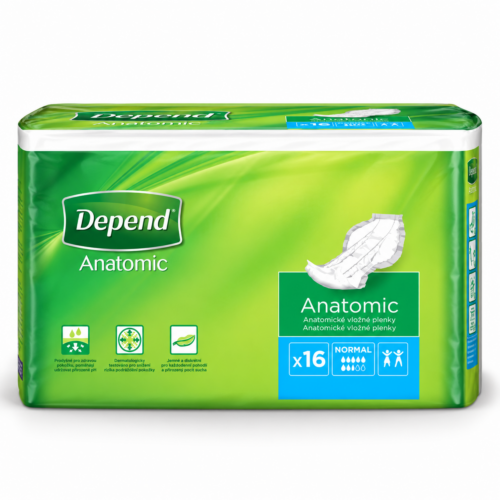 Depend Normal – inkontinenční vložné pleny, 6 kapek, 32 × 57 cm, 16 ks
