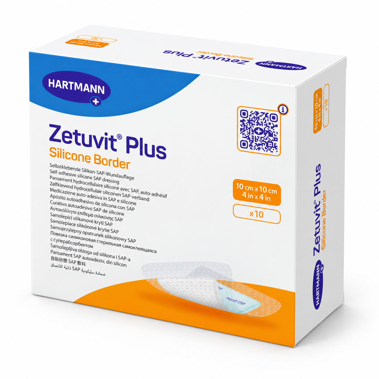 Zetuvit Plus Silicone Border HARTMANN – superabsorpční krytí na rány se silikonovým okrajem, 10 × 10 cm, 10 ks